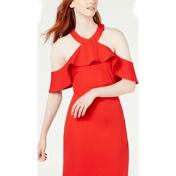 Trina Turk NWT Lipstick Red Jurnee Cold Shoulder Ruffle Dress Size 4 - Picture 1 of 11